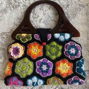 Vintage Hand Knit Acrylic Handled Purse